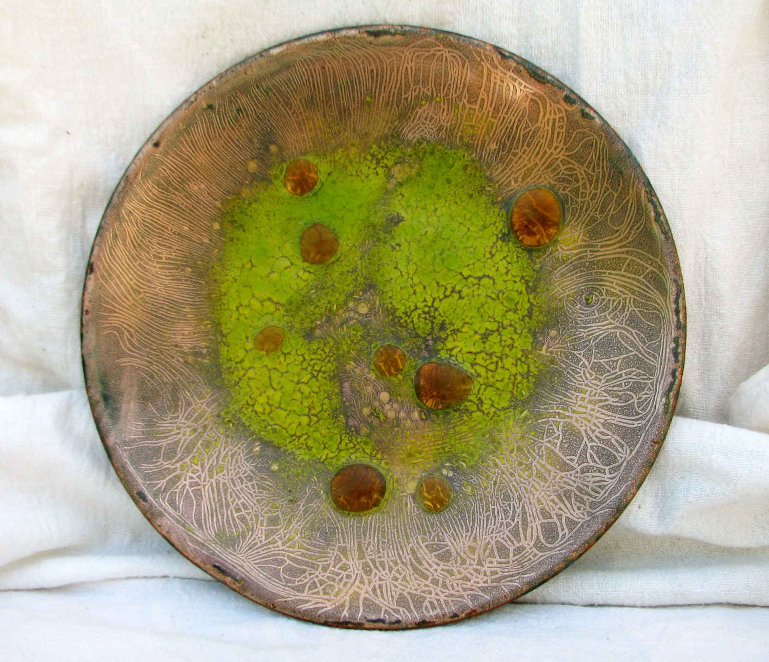 RESERVED ....... Mid century enamel on copper dish, abstract, lime green