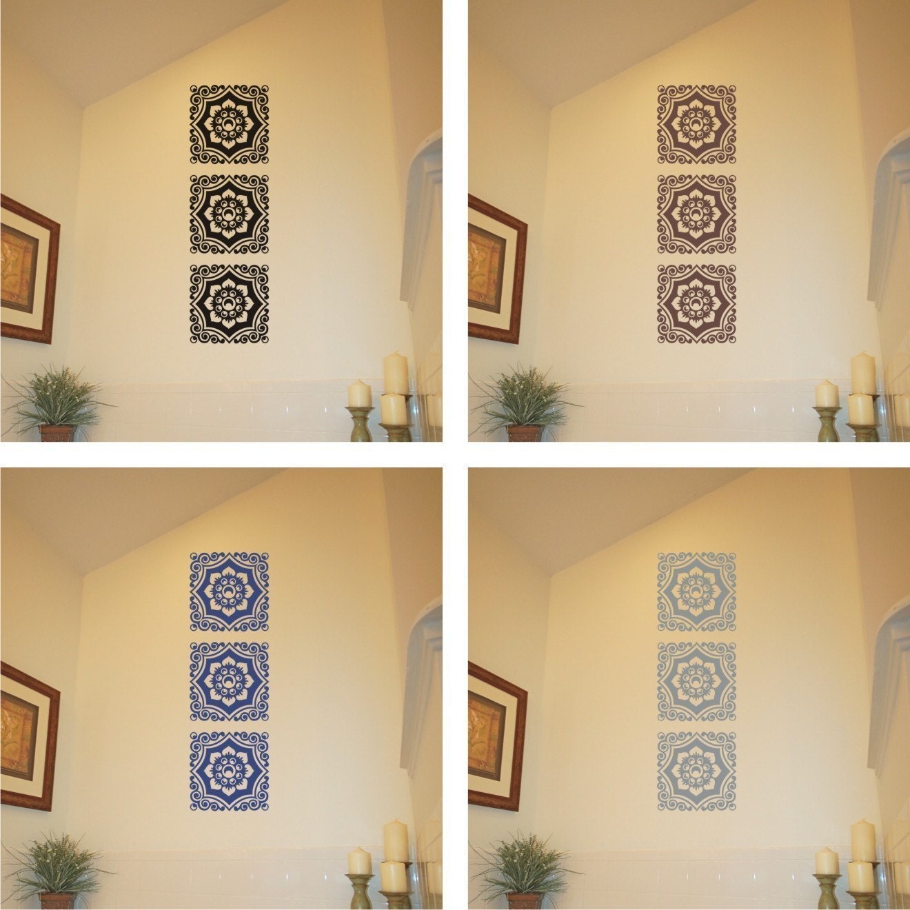 Floral Damask Motif Trio - Vinyl Wall Decal 3 Panel Design Vinyl Wall Art Sticker Graphic