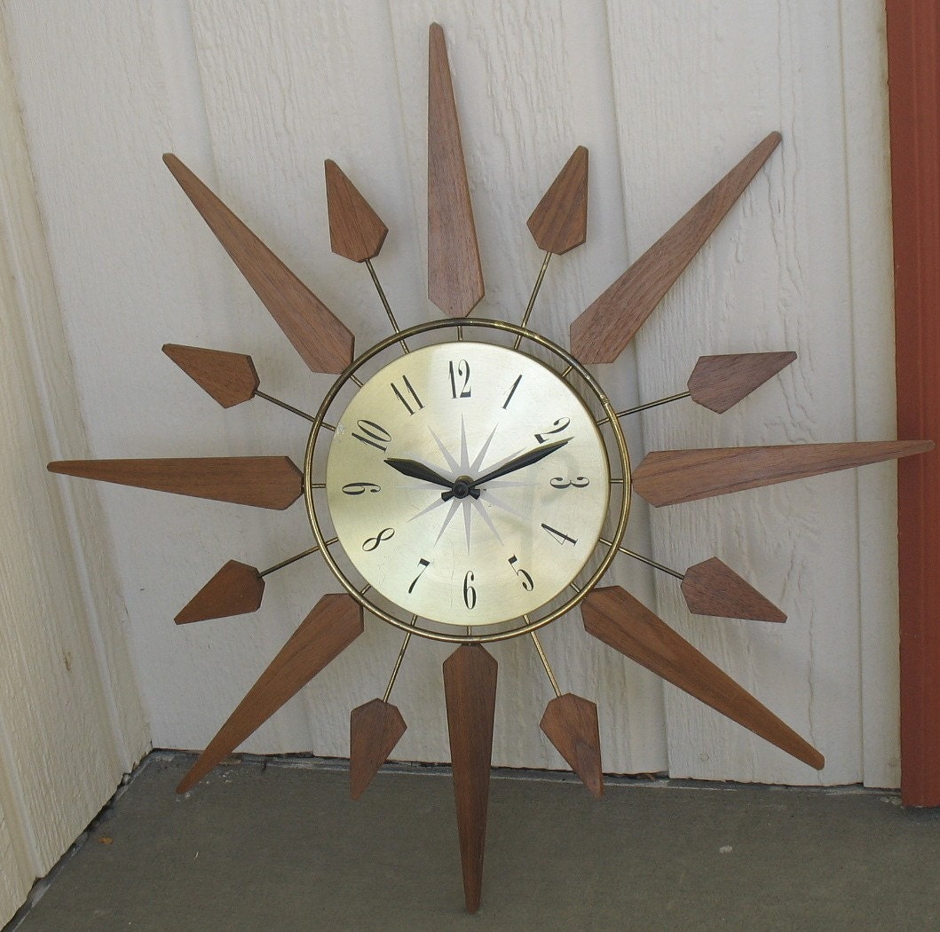 Vintage Starburst Wood Gold Eames Wall Clock Mid by