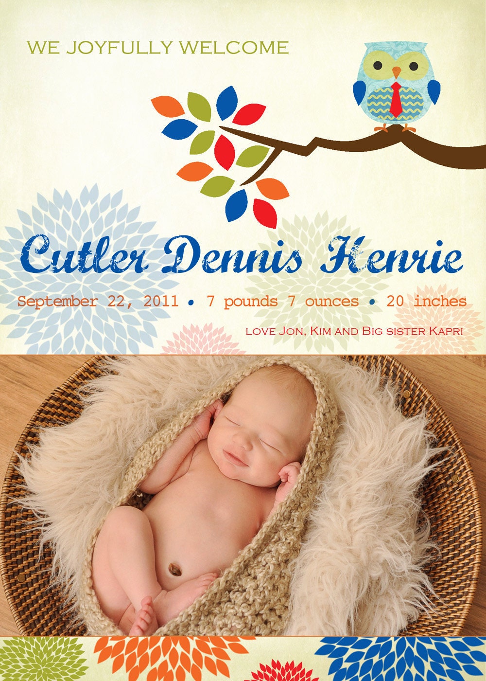 little owl in a tree- Custom Baby Birth Announcement