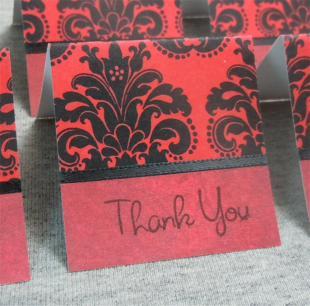 Red with Black Damask Mini Thank You Cards 2x2 (6)
