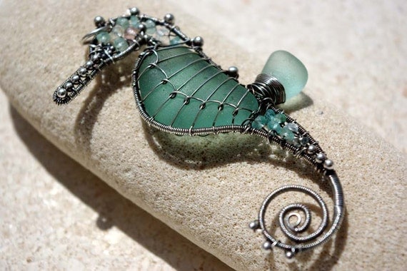 20% OFF. AQUA TEAL seahorse wire wrapped seaglass pendant.