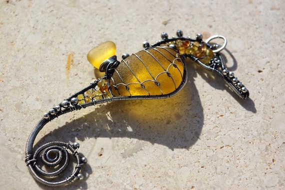 GOLDEN YELLOW seahorse wire wrapped seaglass pendant.