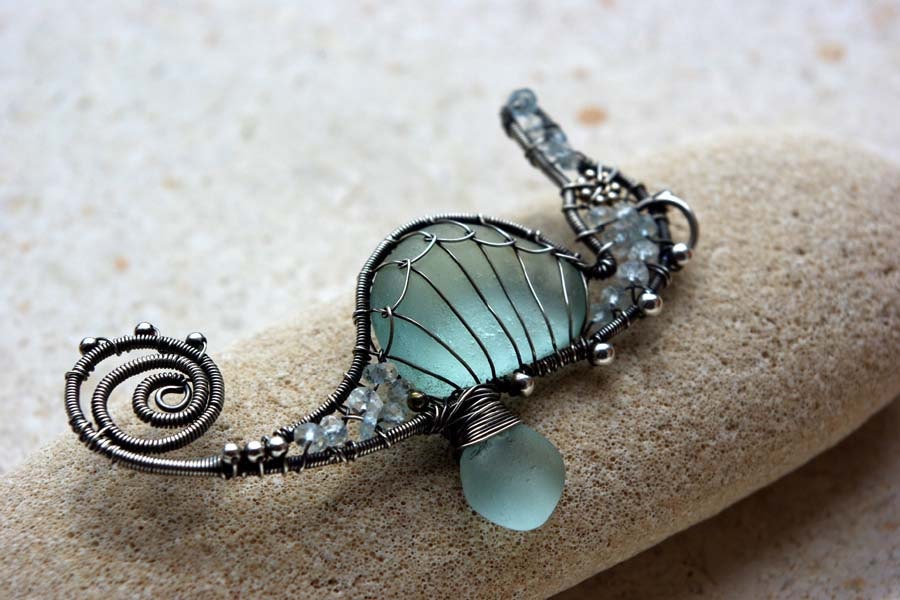 Palest AQUA seahorse wire wrapped seaglass pendant.