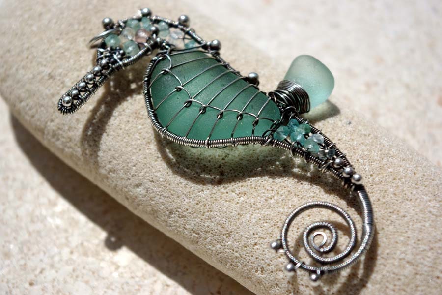 20% OFF. AQUA TEAL seahorse wire wrapped seaglass pendant.