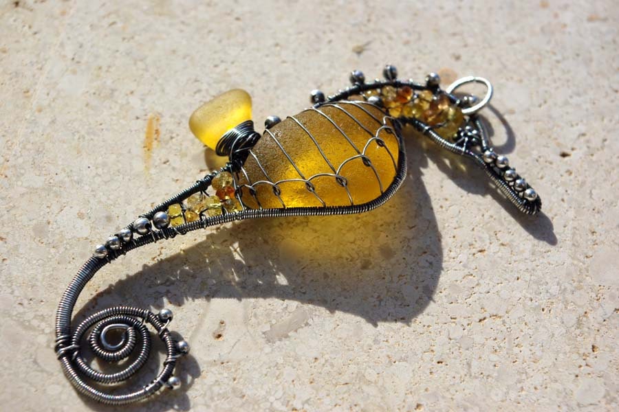 GOLDEN YELLOW seahorse wire wrapped seaglass pendant.