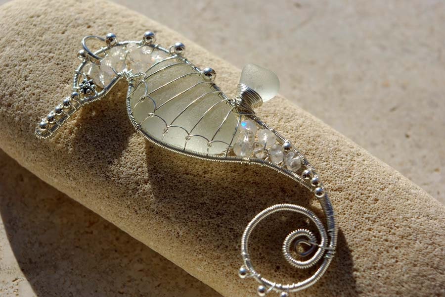 WHITE seahorse wire wrapped seaglass pendant.