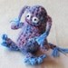 Crocheted monster, soft and fuzzy with googly eyes, blue and lavender mix, 4.5 inch tall