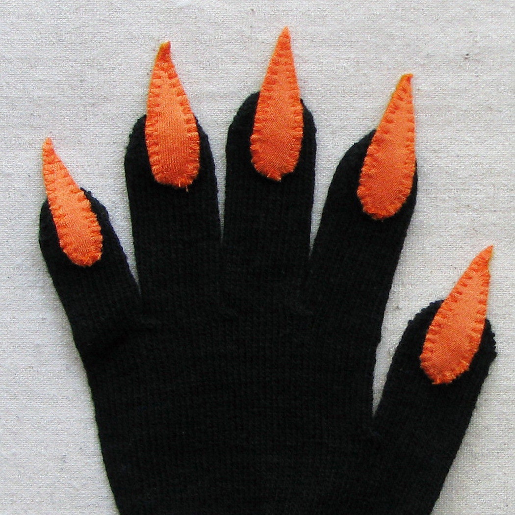 Halloween gloves with claws, black and orange, for Halloween costume or pretend play, one size stretch glove