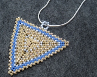 Beaded Pendant Necklace - Peyote Triangle - Champagne Party Beige Blue by randomcreative on Etsy