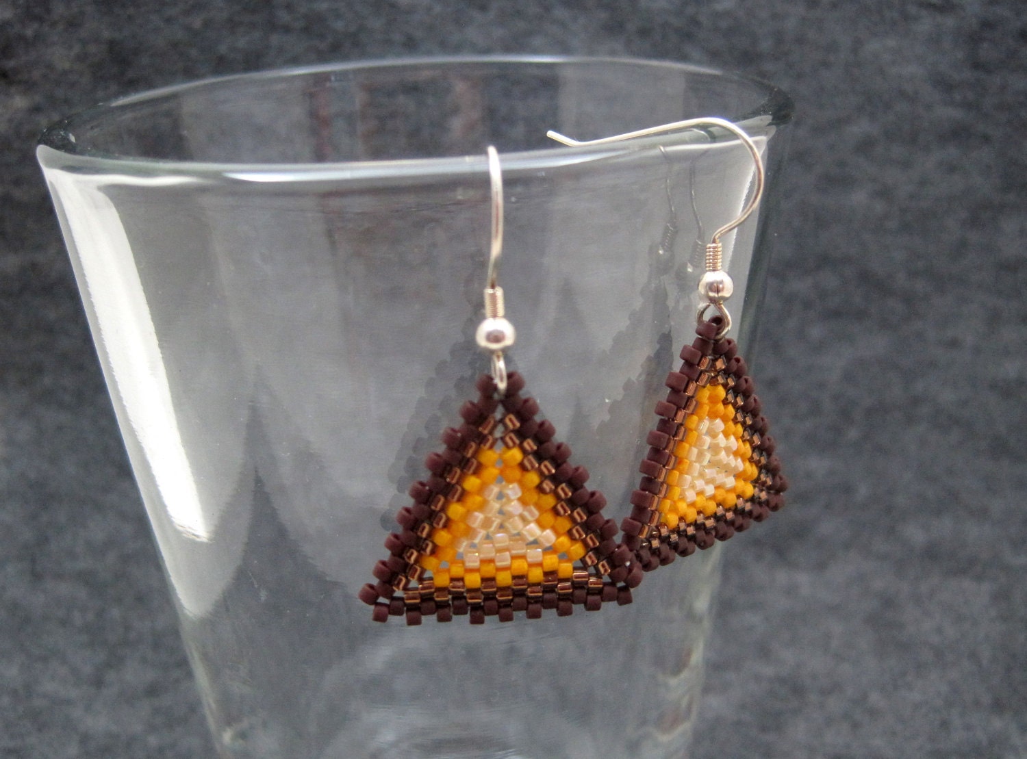 Beaded Dangle Earrings - Peyote Triangles - Cream White Caramel Chocolate Brown Layers by randomcreative on Etsy