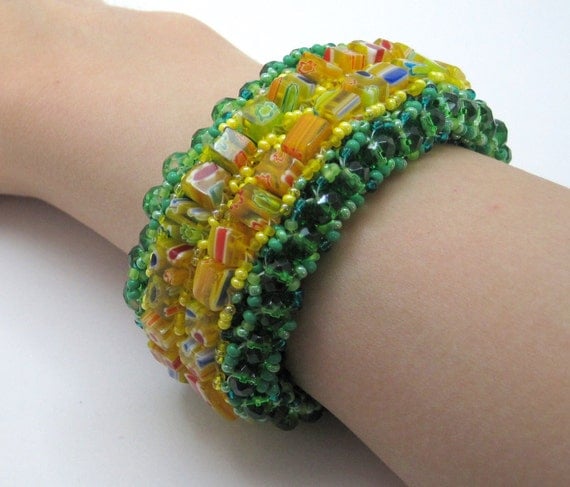 Beaded Cuff Bracelet - Lion on the Yellow Brick Road Yellow Green Statement Jewelry by randomcreative on Etsy