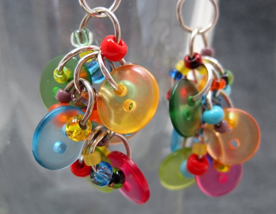 Button Dangle Earrings - Bright Colorful Multicolored Rainbow by randomcreative on Etsy