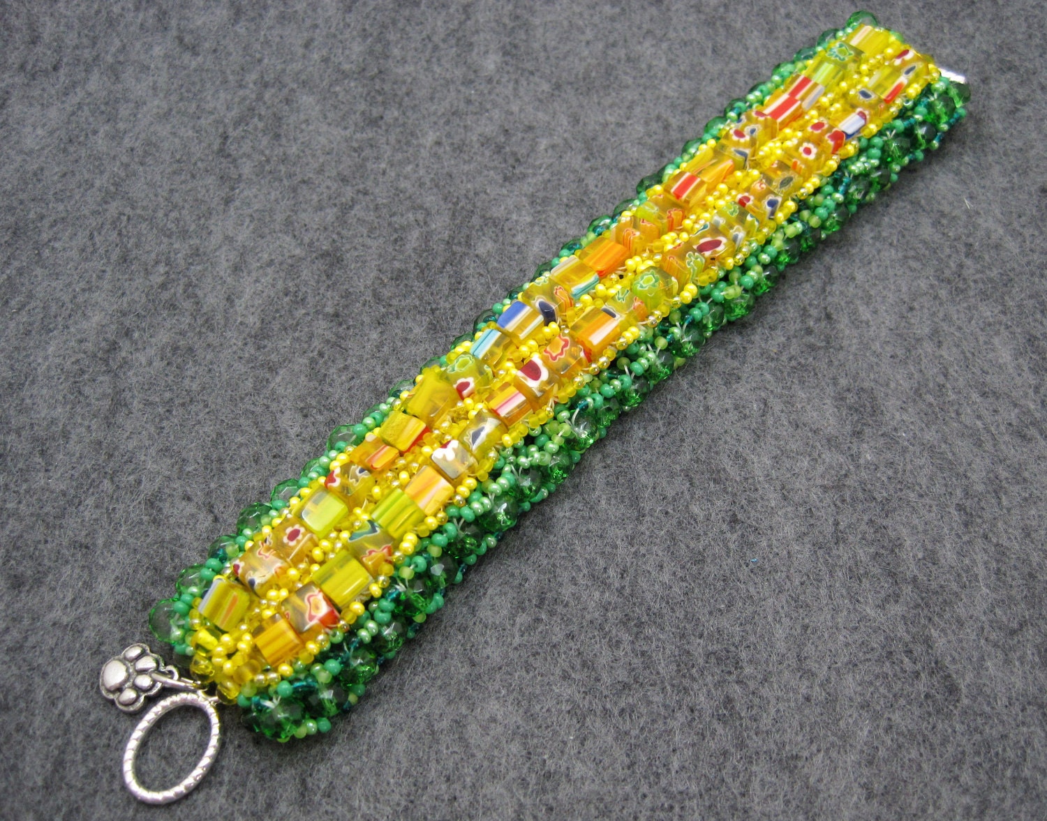 Beaded Cuff Bracelet - Lion on the Yellow Brick Road Yellow Green Statement Jewelry by randomcreative on Etsy