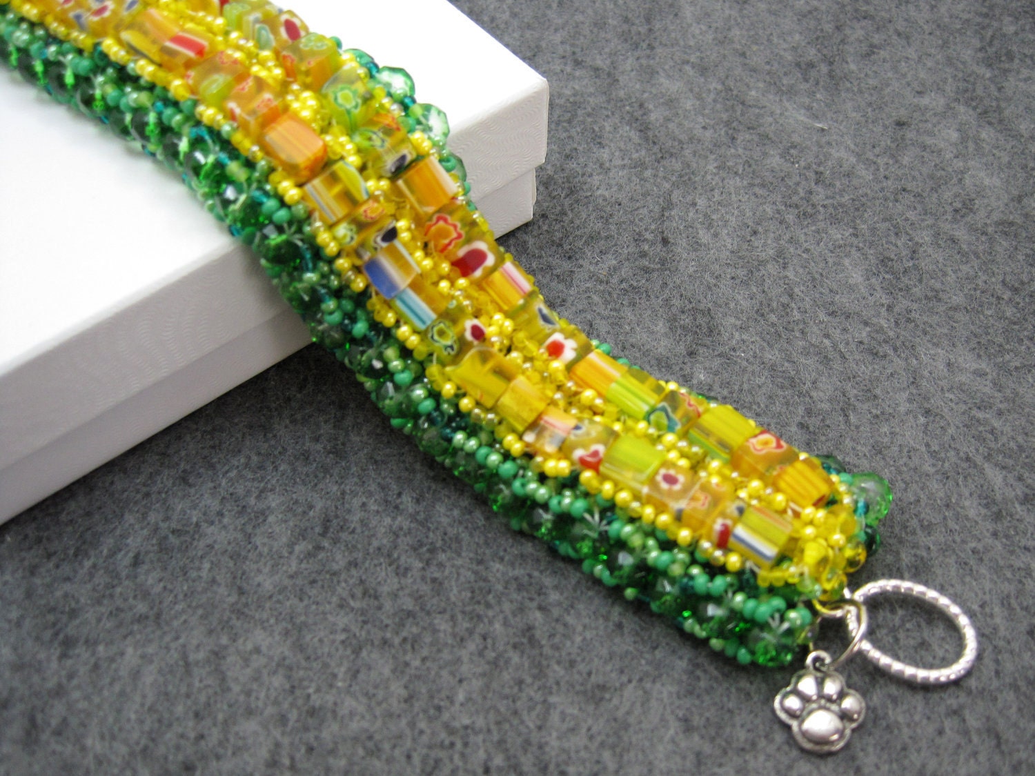 Beaded Cuff Bracelet - Lion on the Yellow Brick Road Yellow Green Statement Jewelry by randomcreative on Etsy