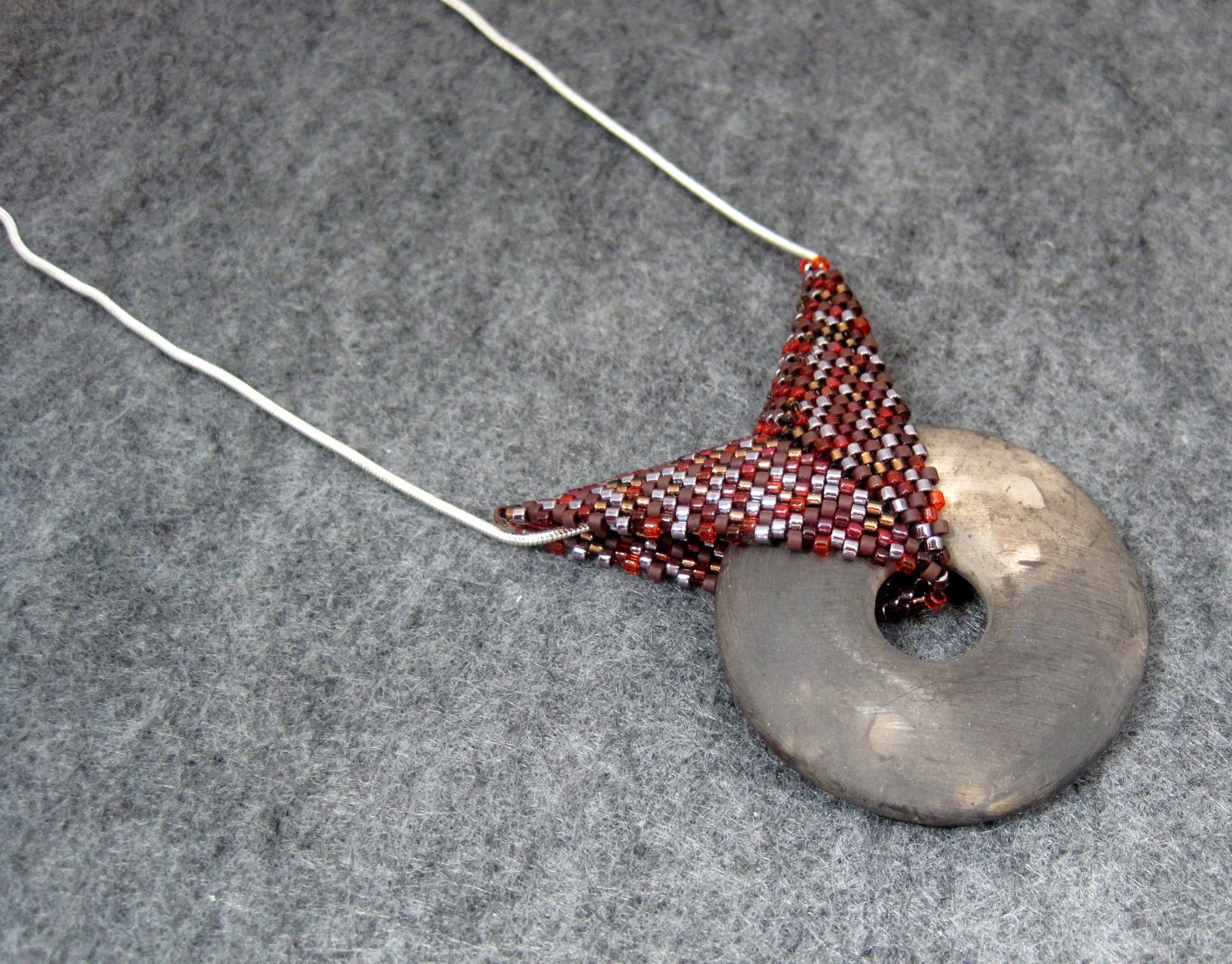 AS SEEN IN Beaded Necklace - Ceramic Charcoal Gray Donut Focal - Maroon Dark Red Brown by randomcreative on Etsy