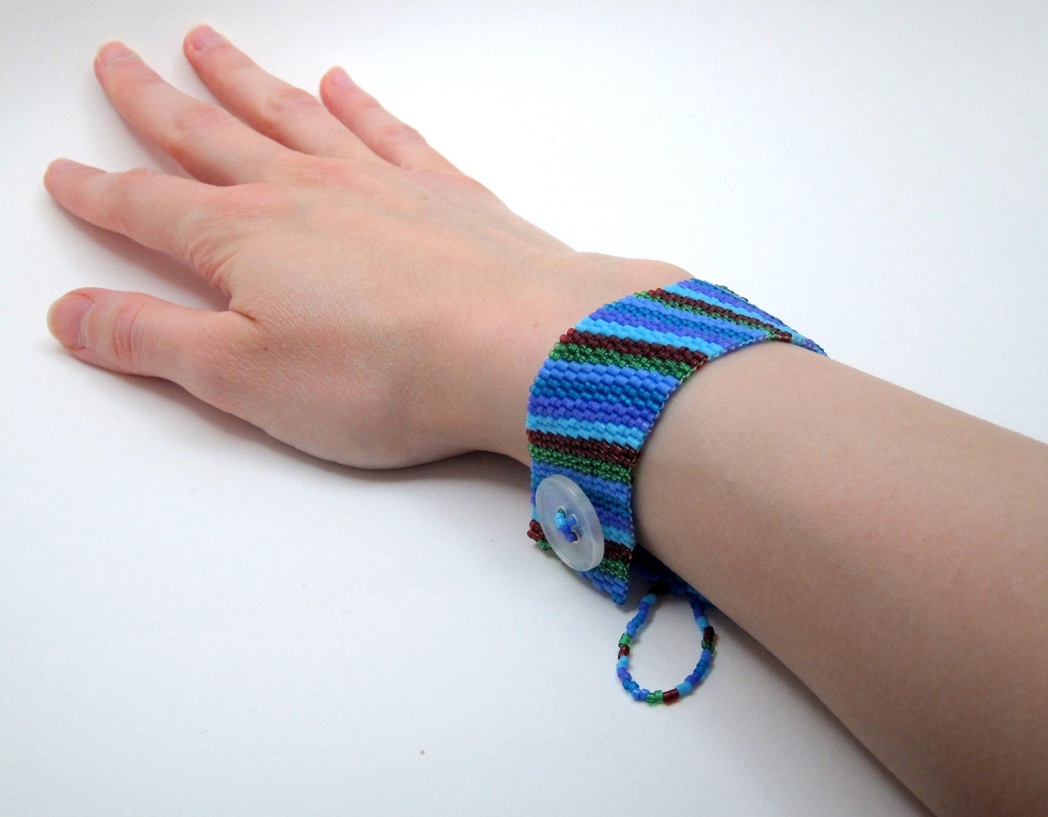 Beaded Cuff Bracelet - Multicolored Colorful Blue Green Purple Dark Red Diagonal Stripe by randomcreative on Etsy