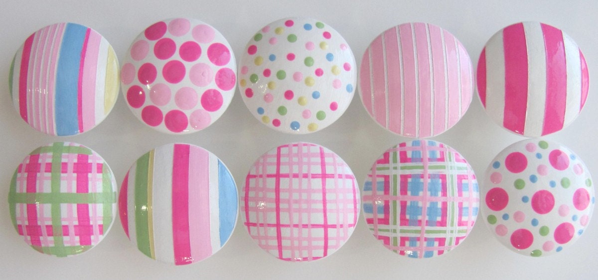 Hand Painted Knobs- Pink Parfait Assorted Knobs Stripes, Polka Dots and Plaid-Size 1 1/2 inch- Hand Painted Drawer Knobs -Set of 10