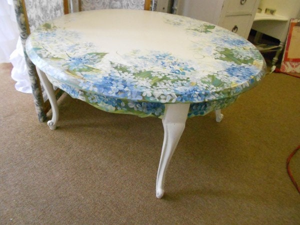 Round Coffee Table ..  Hand Painted in a beautiful floral in Blues and Greens