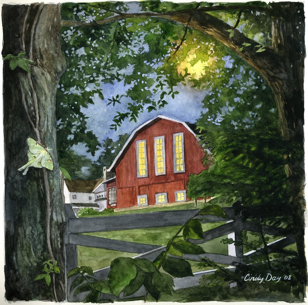 Barn with Moonlight and Luna Moth Print "Summer Moon" (14" x 14")