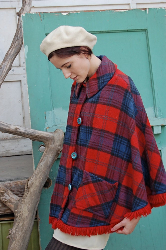 Vintage 60s Mod Plaid Schoolgirl Fringe Poncho Cape Coat