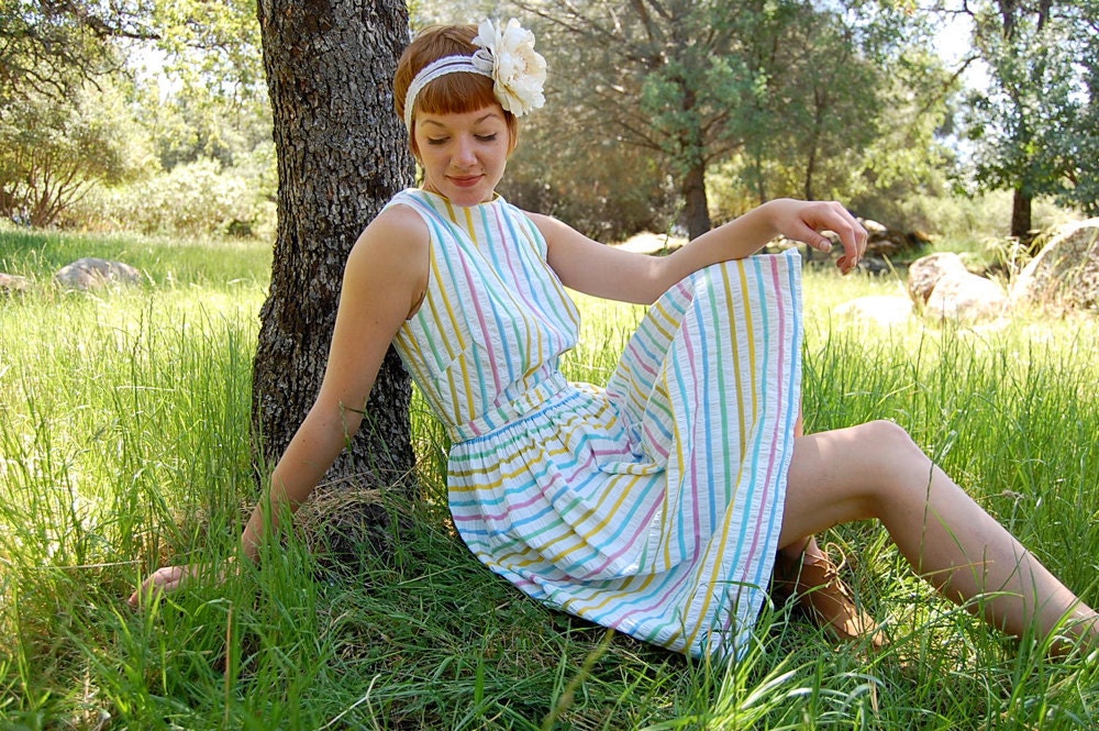 Vintage 50s Pastel Striped Seer Sucker Summer Tea Party Day Dress