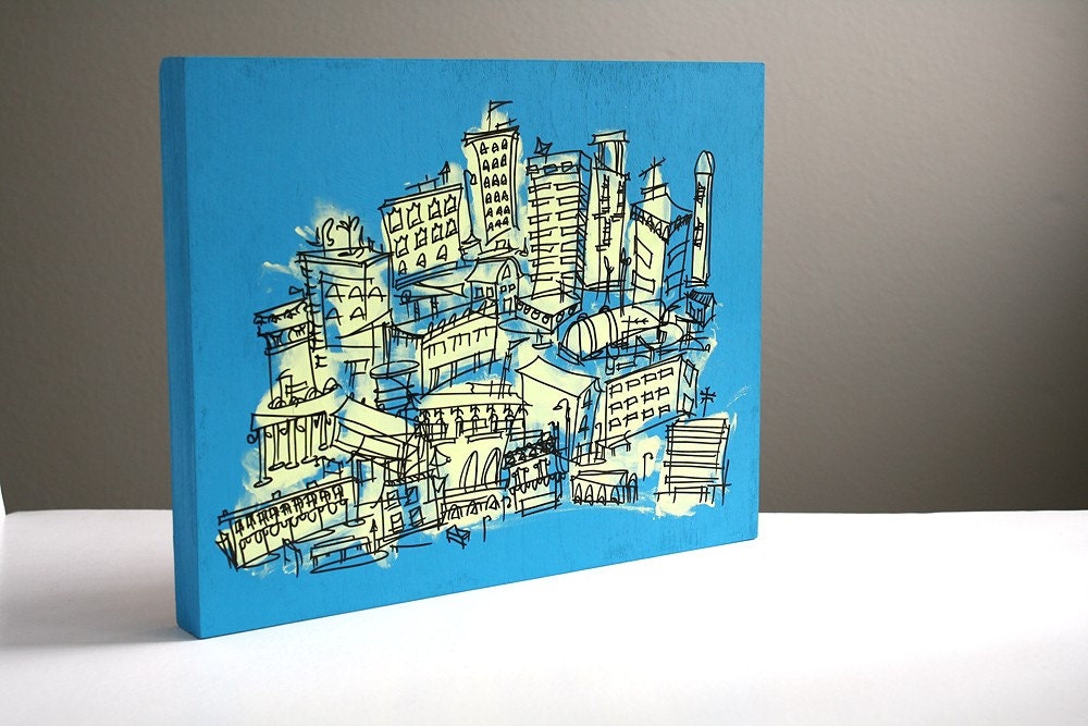 original Los Angeles retro cityscape art "City of Cyan" yellow / blue drawing on reclaimed wood (11x14")