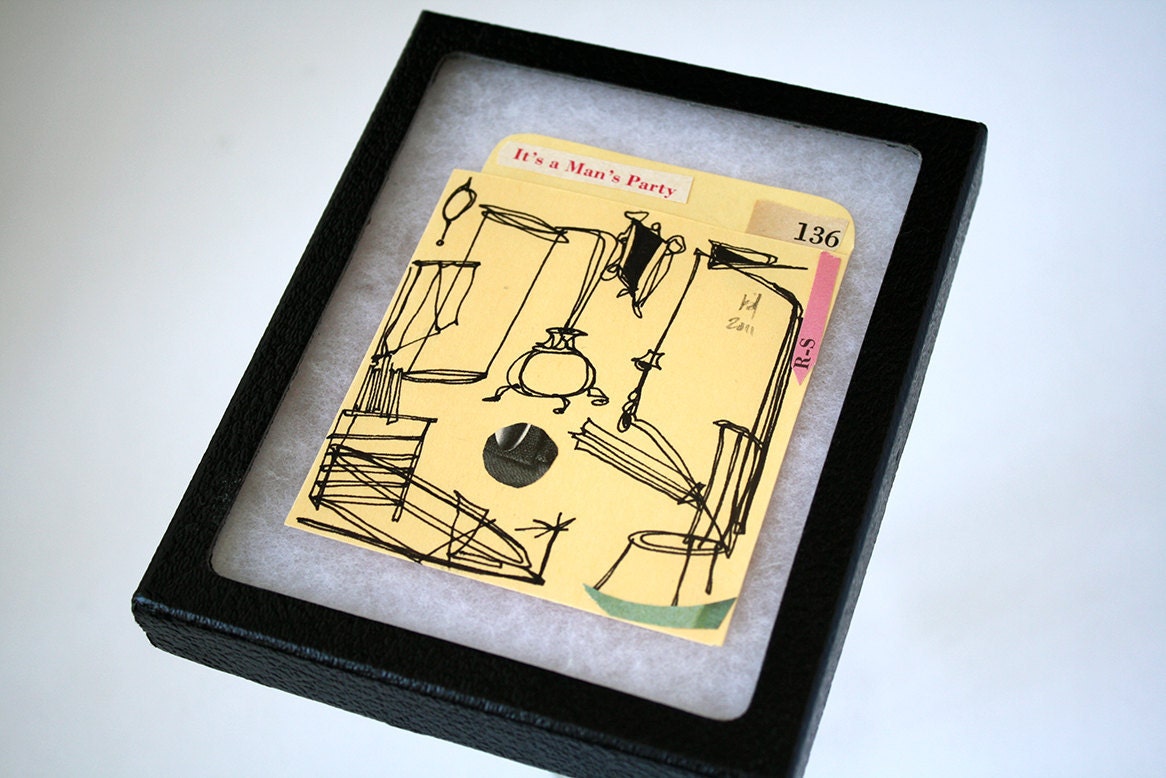 It's a Man's Party - retro mini artwork in display case: one of a kind drawing / collage (6x5")