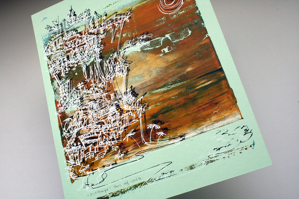 retro beach art print in fall colors - autumn brown, pale gold, forest green on mint "Cliffhanger" (8x10")