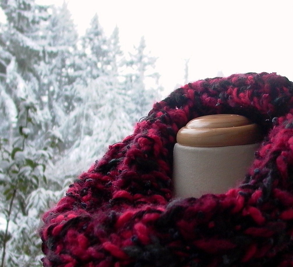 move over lumberjack. chunky knit cowl neck scarf . warm soft cozy neckwarmer snood . red black tweed pattern . vegan winter accessories