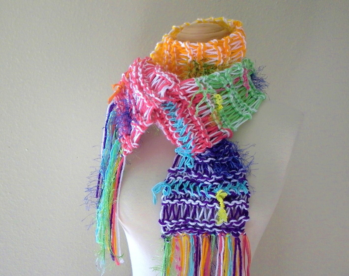 neon popsicles. knitted scarf vegan friendly knitwear bright color spring fashion accessories hot pink lemon lime grape  tangerine orange