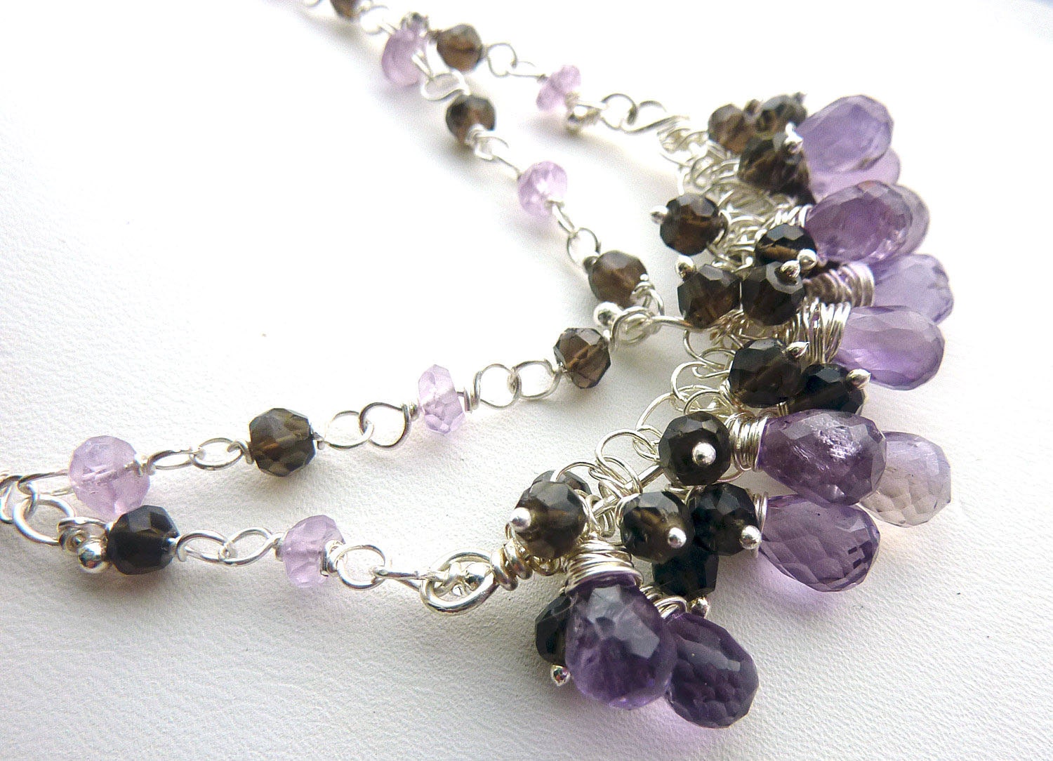 Ametrine, Smokey Quartz and Pink Amethyst Fine Silver Macrame Necklace - 30% OFF SALE