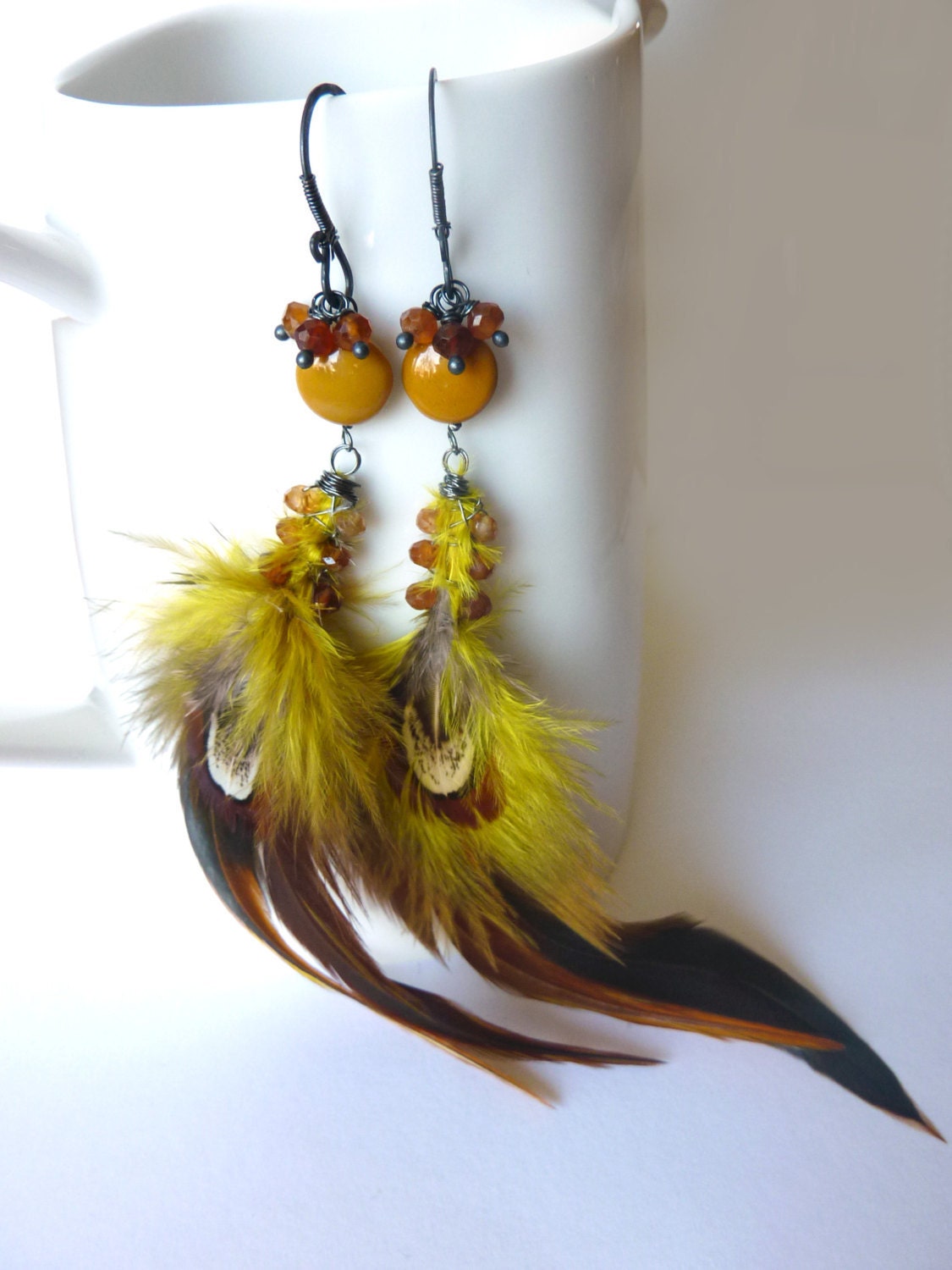 Mookaite and Garnet Feather Sterling Earrings - One of a Kind