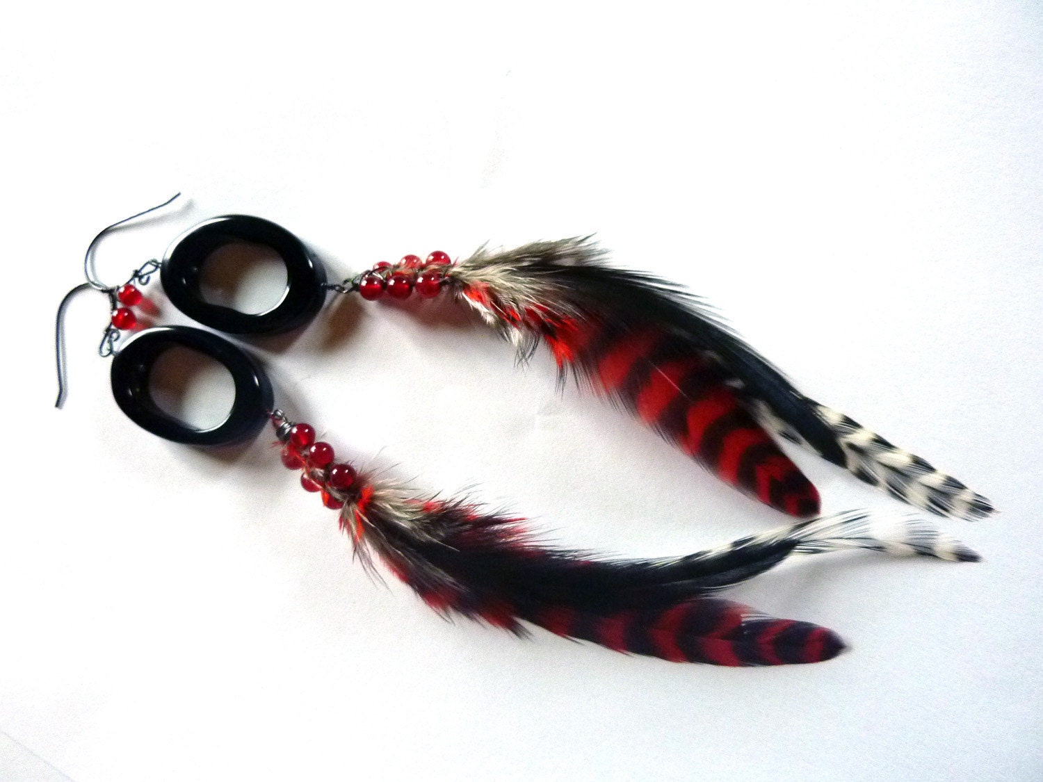 Black and Red Agate Feather Sterling Earrings