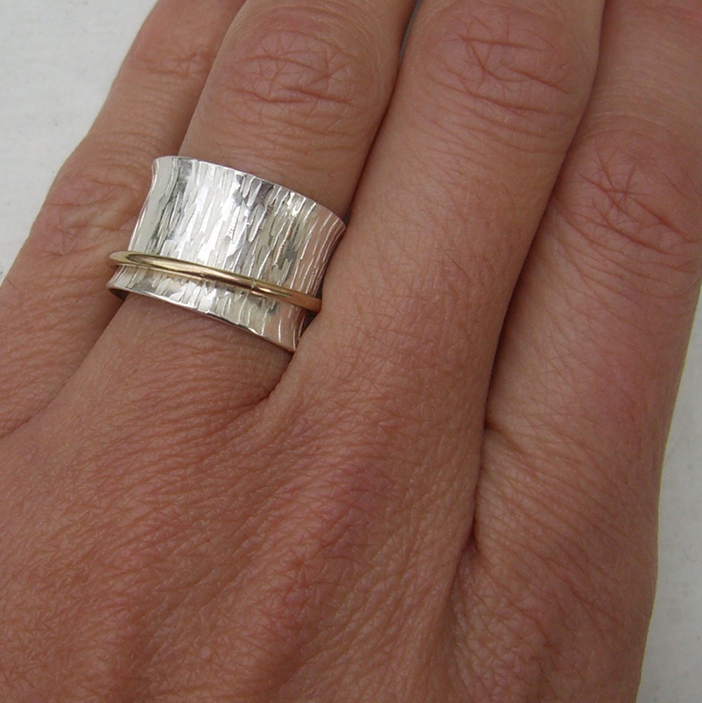 Textured Wood Grain Spinner Ring Sterling Silver and Gold filled