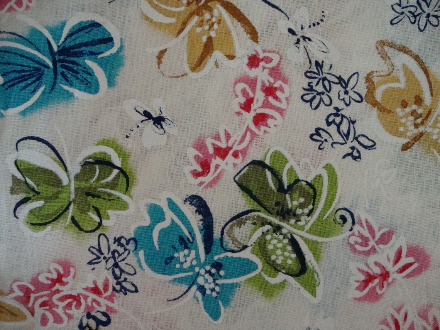 Linen Upholstery Fabric,   Butterflies and Flowers
