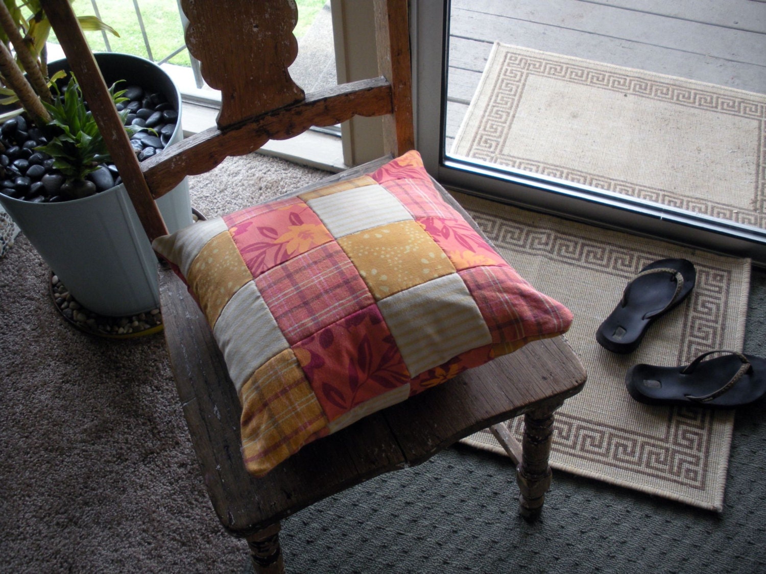 Orange Yellow Pillow 14x14 Cotton Handsewn