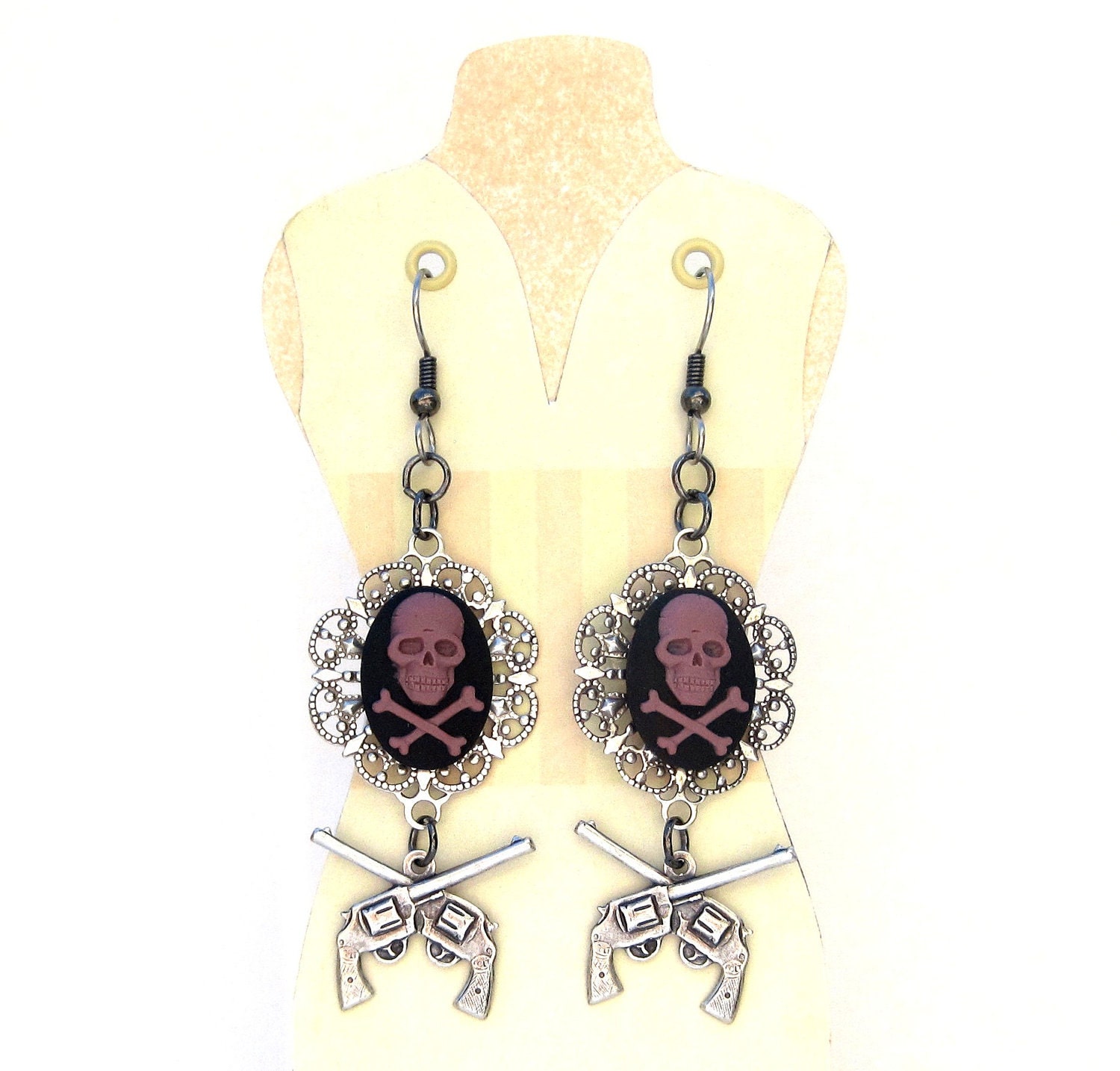 Skull and Crossbones pirate earrings with guns antique silver, purple, and black