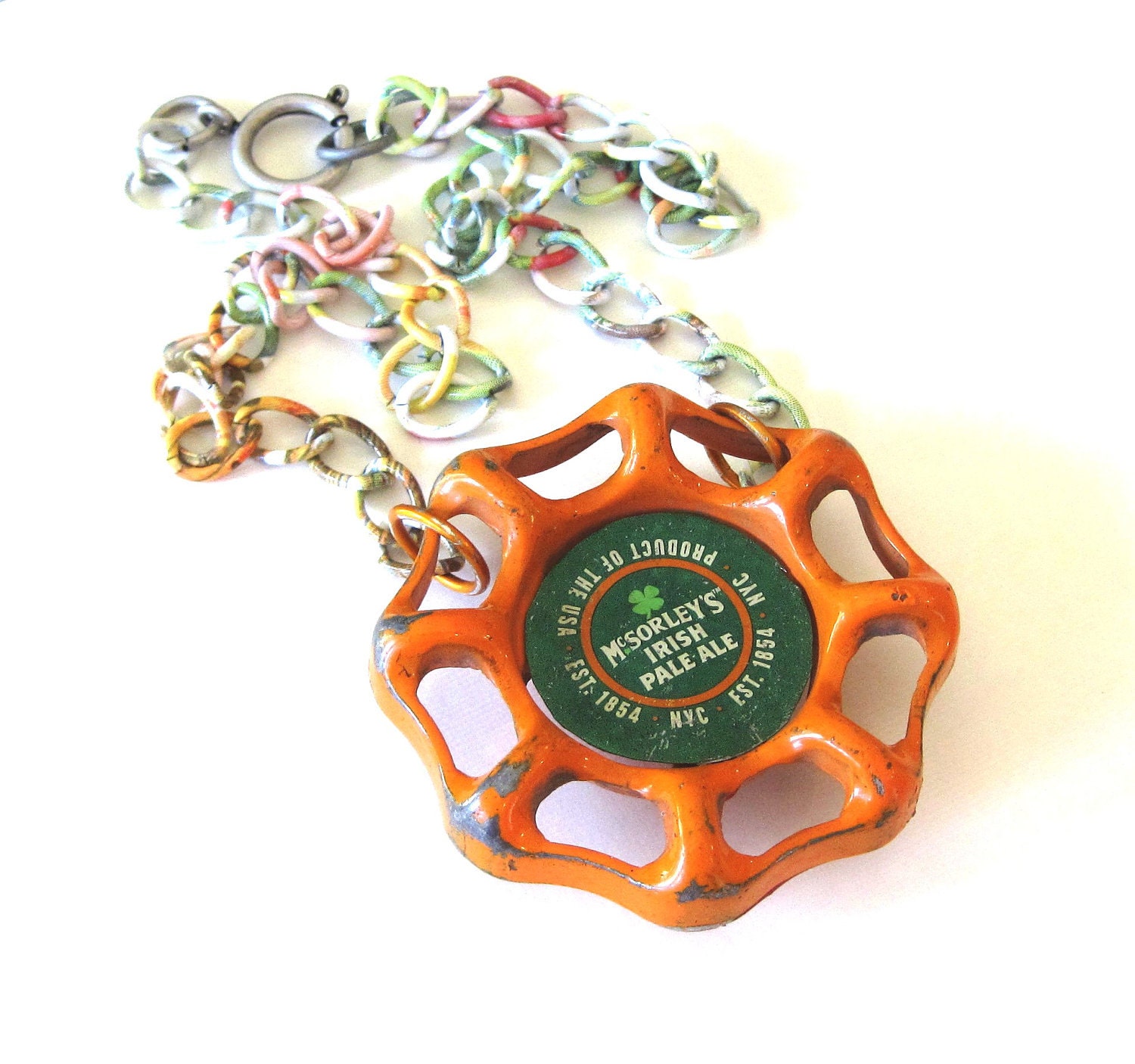 Repurposed Beer Bottle Cap Necklace orange and green upcycled recycled NYC