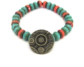 Clock and Gears Stretch Stack Bracelet with turquoise and coral Czech glass beads