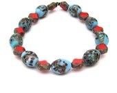 Czech Glass and Vintage Glass Stretch Stack Bracelet red and turquoise blue