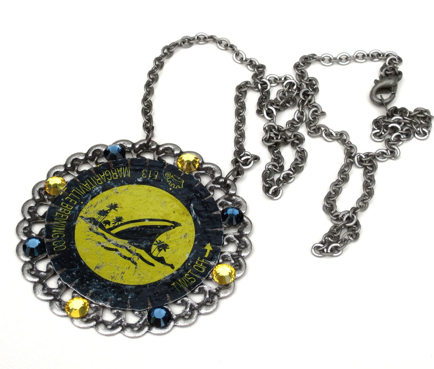 Repurposed Beer Bottle Cap Necklace with Swarovski Crystals blue and yellow recycled upcycled