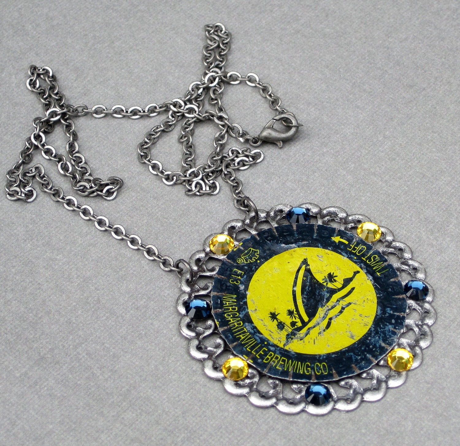 Repurposed Beer Bottle Cap Necklace with Swarovski Crystals blue and yellow recycled upcycled