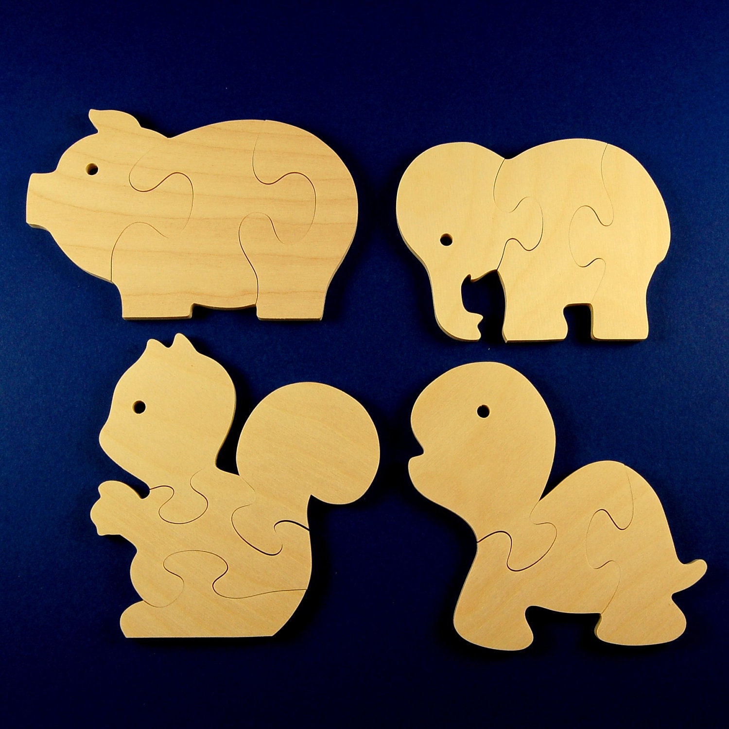 Childrens Wood Puzzles - Fun Animals - Set of 4 Wooden Jigsaw Puzzle Toys - Fun for Children and Toddlers - Make a great Party Favor