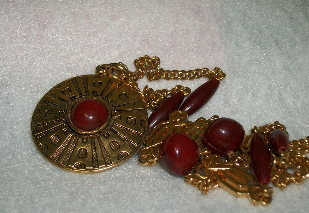 Sarah Coventry Aztec Beaded Necklace With Orange / Brown Pendant