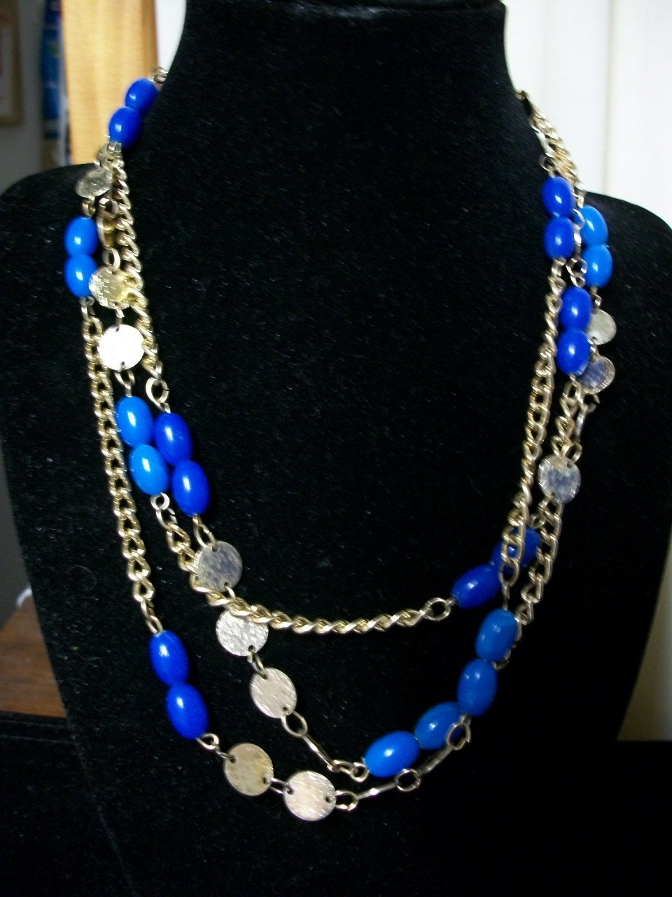 Long 54 inch Blue Beads and Silver Gold Coin Necklace