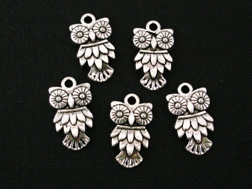 10 Owl Charms Silver Antiqued