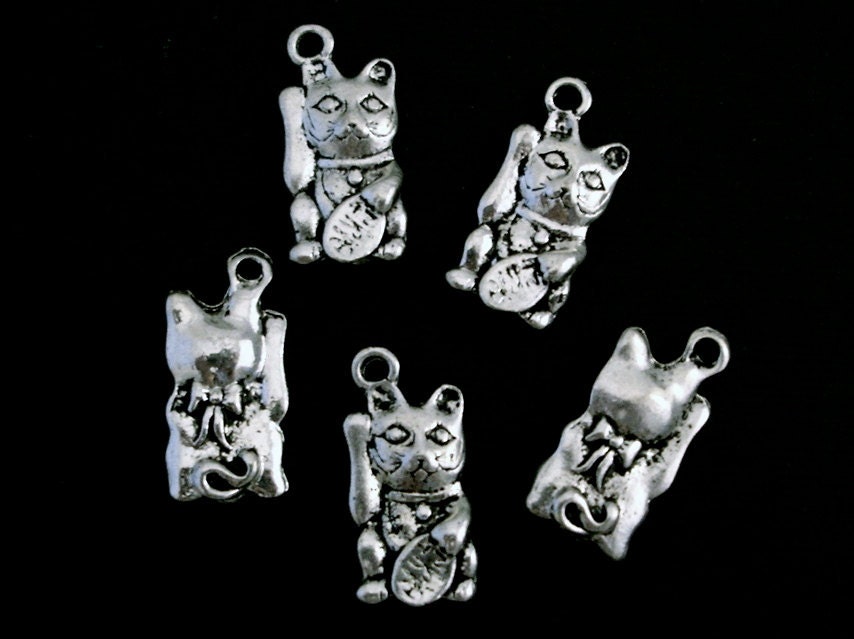 5 Silver Maneki Neko Lucky Cat Charms