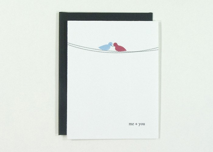 SALE : Love Birds blank card with red baby blue and black birds and telephone wire for wedding, love, valentine