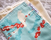 Birds and blossoms ivory and aqua hand dyed burp cloth